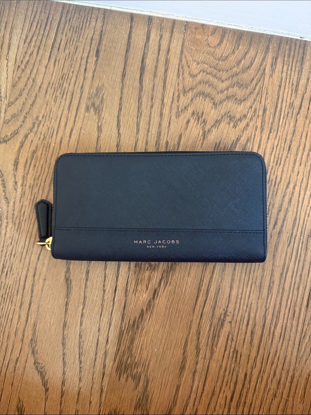 Marc Jacobs Black Zip-Around Saffiano Leather Wallet with Gold Logo